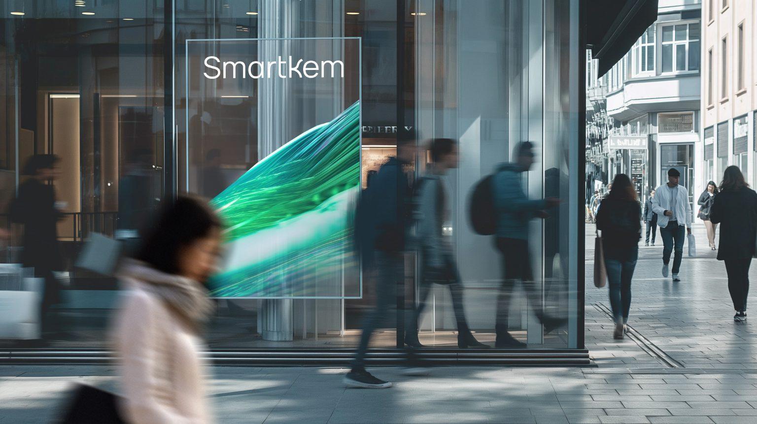 The SmartKem logo on a storefront display