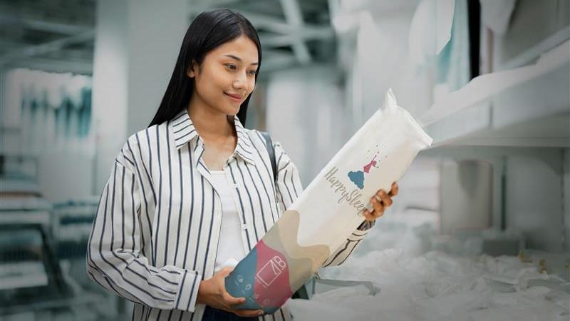 A woman holding the HeatSeal LP Hero packaging