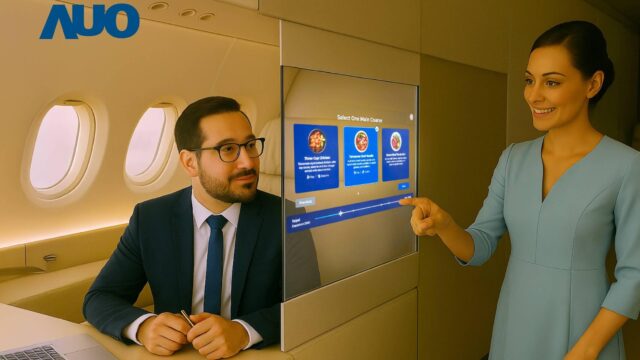 The world's thinnest and first-of-its-kind 17.3-inch dual-sided transparent Micro LED display is designed to show different information on each side, creating a distinctive "transparent" interactive experience. The image depicts a real-time translation communication application scenario.