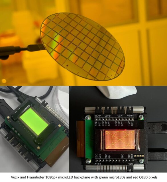 Vuzix and Fraunhofer IPMS 1080p+ microLED backplane with green microLEDs and red OLED pixel