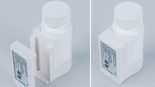 A reusable plastic adapter system enables reliable attachment of the Digital Display Label to a variety of packaging forms–from blister wallets to vials.