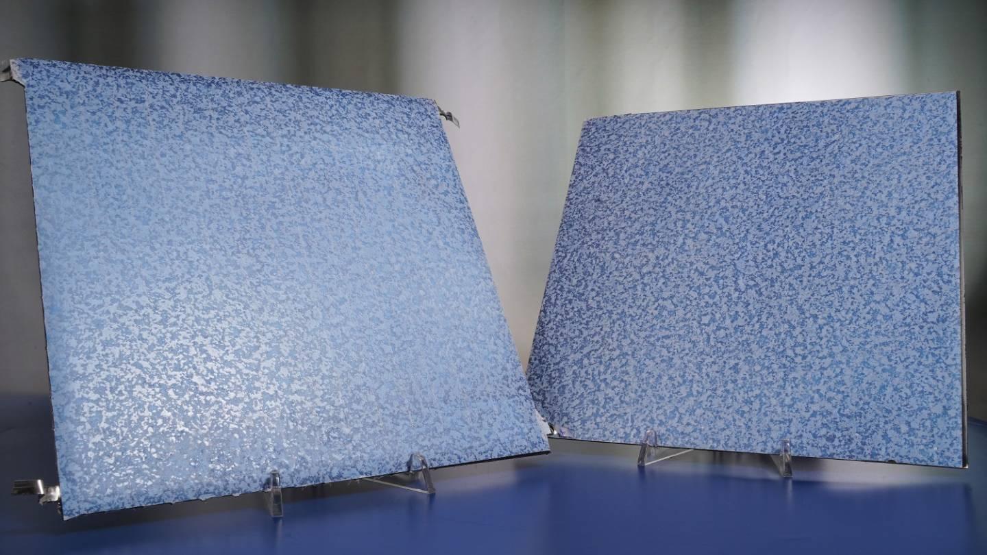 Freely combinable facade elements with decorative film – on the left, a PV module and, on the right, a sheet metal facade element without PV functionality
