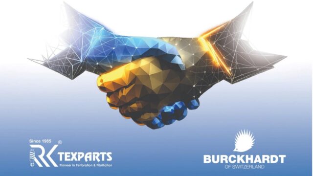 Company logos of Burckhardt and R.K.Texparts with a handshake